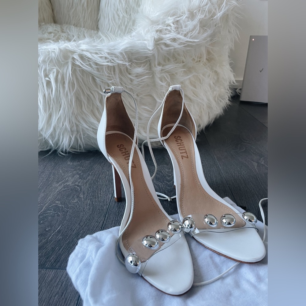 Schutz White Leather Heels with Pearls (Only Worn Once)